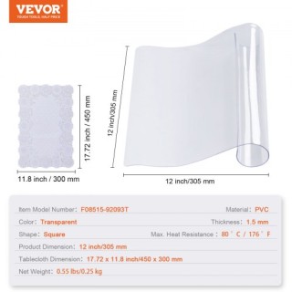 Διαφανές Προστατευτικό Τραπεζιού VEVOR, 12x12, 1.5mm PVC, Αδιάβροχο...