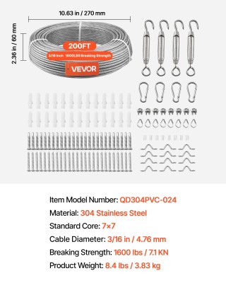VEVOR Κιτ Συρματόσχοινου 4.76mm, 61m, Ανοξείδωτο Ατσάλι 304, Αντοχή... VEVOR Κιτ Συρματόσχοινου 4.76mm, 61m, Ανοξείδωτο Ατσάλι 304, Αντοχή...