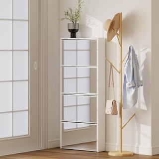 HOMCOM Λευκή Ξύλινη Καθρέφτης Παπουτσοθήκη με 4 Πόρτες και Αντιολισ...