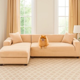 Ruhhy Μπεζ Ελαστικό Βελούδινο Κάλυμμα Γωνιακού Καναπέ 190 - 230 εκ....