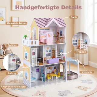 Costway Ξύλινο Κουκλόσπιτο για Παιδιά, 3-όροφο DIY Μοντέρνο Οικογεν...