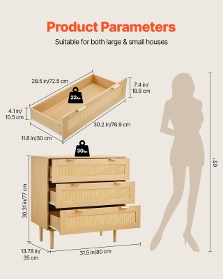 VEVOR Σύγχρονη Συρταριέρα 3 Συρταριών από Φυσικό Ρατάν με Μεταλλικά...