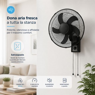 BAKAJI Ανεμιστήρας Τοίχου 43cm Μαύρος, Αθόρυβος με 3 Ταχύτητες 0200...
