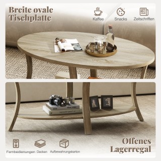 Costway Οβάλ Τραπεζάκι Σαλονιού με Ράφι Διόροφη Τραπέζι Καφέ Βελανι...