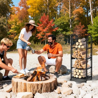 Costway Τετράροφη Κινητή Ξυλοθήκη από Μέταλλο & Ξύλο με Λαβίδα για ...