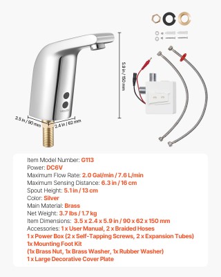 VEVOR Αυτόματος Αισθητήρας Βρύσης Μπάνιου - Χρώμιο, 16cm Ανίχνευση,...