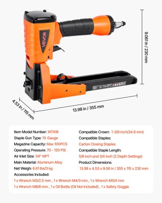VEVOR Πνευματικό Κουτί Κλεισίματος Συρραπτικό, 13 Gauge, 1-3/8 Στεφ...