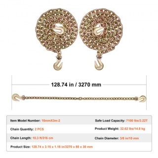 Αλυσίδα Δέσης VEVOR G80 με Γάντζους 3/8x10.3 2τμχ 7100 lbs  ZGTLSGM...