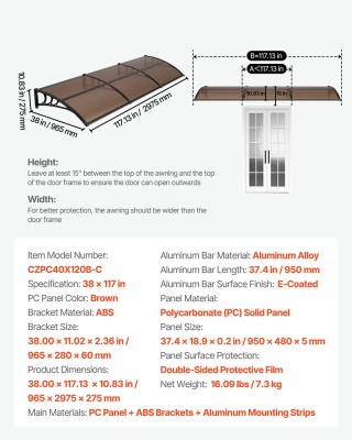 VEVOR Στέγαστρο Εισόδου Πόρτας 38 x 117 εκ., Πολυανθρακικό Κάλυμμα ...