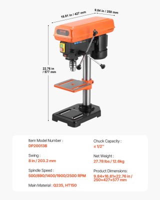 VEVOR Επιτραπέζιο Δράπανο 500W με Ρυθμιζόμενες Στροφές και Κλίση 0-...