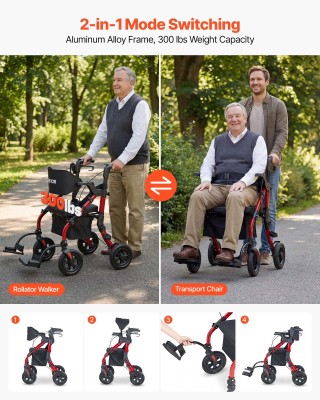 VEVOR Περιπατητήρας και Καροτσάκι 2 σε 1 για Ηλικιωμένους, Πτυσσόμε...