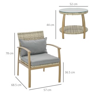 Outsunny Rattan Garden Lounge με 2 πολυθρόνες με μαξιλάρια και γυάλ...