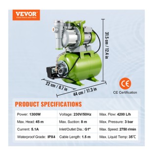 Ηλεκτρική Αυτόματη Αντλία Κήπου 1300 W VEVOR ZNK4200LH220VDI3CV2 Ηλεκτρική Αυτόματη Αντλία Κήπου 1300 W VEVOR ZNK4200LH220VDI3CV2