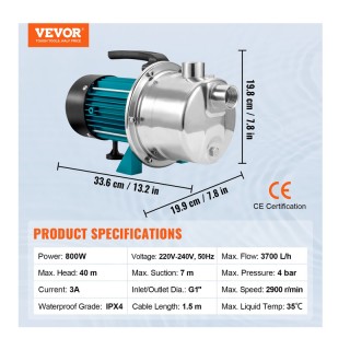 Ηλεκτρική Αντλία Κήπου 800 W VEVOR SDK3700LH220VZV0WV2 Ηλεκτρική Αντλία Κήπου 800 W VEVOR SDK3700LH220VZV0WV2