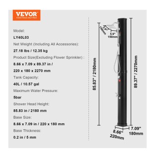 Ηλιακό Θερμαινόμενο Ντους Εξωτερικού Χώρου 40 Lt 220 x 180 x 2270 m... Ηλιακό Θερμαινόμενο Ντους Εξωτερικού Χώρου 40 Lt 220 x 180 x 2270 m...