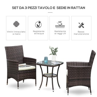 Outsunny Σετ Πολυθρόνες Κήπου σε Rattan με Τραπεζάκι Σαλονιού, Καφέ...