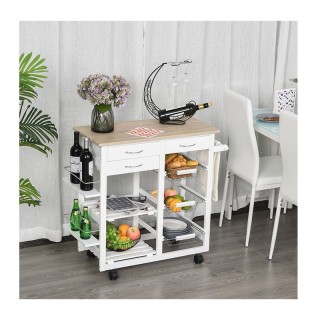 Ξύλινο Τρόλεϊ Κουζίνας με 2 Ράφια και 3 Συρτάρια 92 x 37 x 82 cm HO...