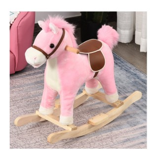 Λούτρινο Κουνιστό Αλογάκι με Μουσική και Ξύλινη Βάση Χρώματος Ροζ H...