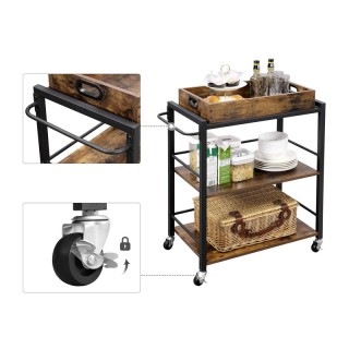 Μεταλλικό Τρόλεϊ Κουζίνας με 3 Ράφια και Αφαιρούμενο Ξύλινο Δίσκο 6...