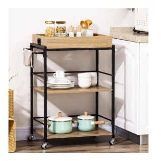 Μεταλλικό Τρόλεϊ Κουζίνας με 3 Ράφια και Αφαιρούμενο Ξύλινο Δίσκο 7...