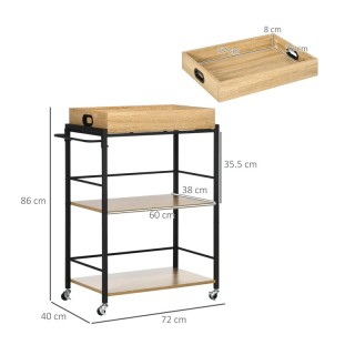 Μεταλλικό Τρόλεϊ Κουζίνας με 3 Ράφια και Αφαιρούμενο Ξύλινο Δίσκο 7...