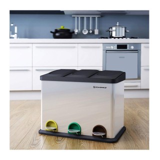 Μεταλλικός Τριπλός Κάδος Απορριμμάτων από Ανοξείδωτο Ατσάλι με 3 Πε...