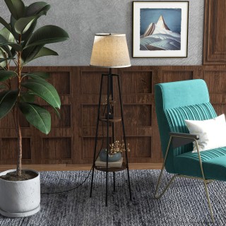 HOMCOM Φωτιστικό δαπέδου με 2 ράφια σε μεταλλικό και MDF με υφασμάτ...