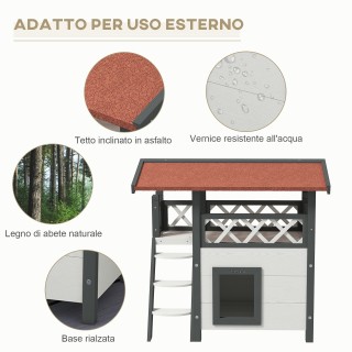 PawHut Outdoor Cat House με Βεράντα και Ξύλινη Σκάλα, 77x50x73cm, Λ...