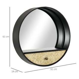 HOMCOM Στρογγυλός Καθρέφτης Τοίχου Ø61cm με Συρτάρι και Μαύρο Μεταλ...