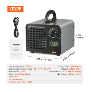 Οζονιστής Αέρα 36000 mg/h 115 W VEVOR GYCYFSQ0120MZSKULV2 Οζονιστής Αέρα 36000 mg/h 115 W VEVOR GYCYFSQ0120MZSKULV2