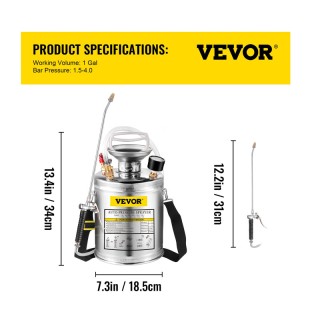 Ψεκαστήρας Χειρός Πίεσης από Ανοξείδωτο Ατσάλι 4 Lt VEVOR PWQBXG4L0...