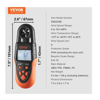 Ψηφιακό Ανεμόμετρο με Bluetooth 4 σε 1 VEVOR YTSFSJ6ZFSBXYMGCMV9