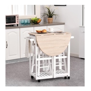 Σετ Πτυσσόμενο Ξύλινο Τρόλεϊ Κουζίνας με 2 Σκαμπό 83.5 x 74 x 83 cm...