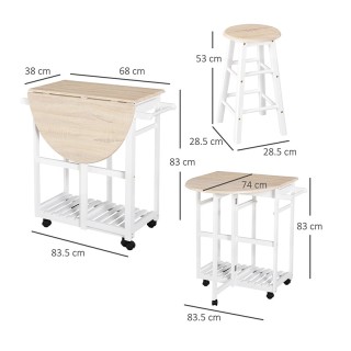 Σετ Πτυσσόμενο Ξύλινο Τρόλεϊ Κουζίνας με 2 Σκαμπό 83.5 x 74 x 83 cm...