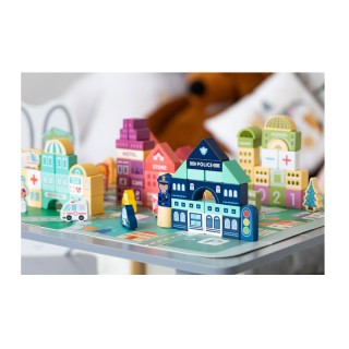 Σετ Ξύλινα Εκπαιδευτικά Παιδικά Τουβλάκια με Χαλάκι Πόλη 121 τμχ Ec...