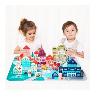 Σετ Ξύλινα Εκπαιδευτικά Παιδικά Τουβλάκια με Χαλάκι Πόλη 121 τμχ Ec...