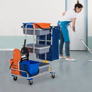 Homcom Professional Cleaning Cart with 4 Bucket Wheels Canvas Bag, ...