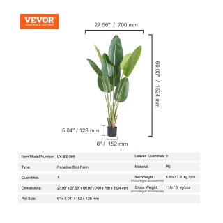 Τεχνητό Φυτό Πουλί του Παραδείσου 1.5 m VEVOR RZRDZW5FT1TT14RVAV0 Τεχνητό Φυτό Πουλί του Παραδείσου 1.5 m VEVOR RZRDZW5FT1TT14RVAV0