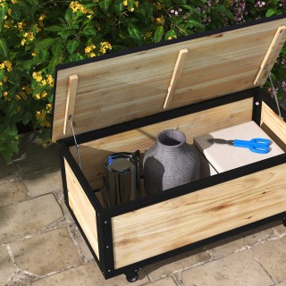 Πάγκος αποθήκευσης Outsunny 121L με 4 τροχίσκους και λαβές από ξύλο... Πάγκος αποθήκευσης Outsunny 121L με 4 τροχίσκους και λαβές από ξύλο...