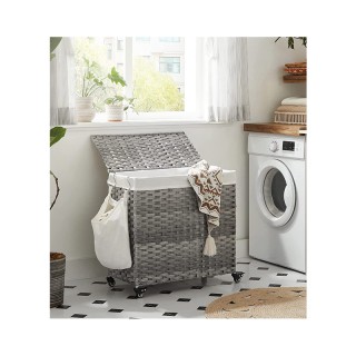 Τροχήλατο Πτυσσόμενο Καλάθι Απλύτων από Ρατάν με 3 Χώρους 66 x 35 x...