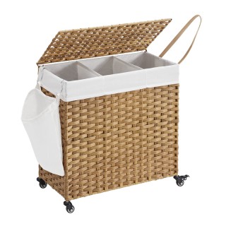 Τροχήλατο Πτυσσόμενο Καλάθι Απλύτων από Ρατάν με 3 Χώρους 66 x 35 x...