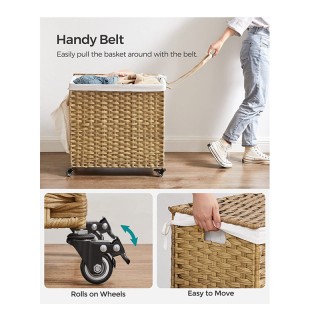 Τροχήλατο Πτυσσόμενο Καλάθι Απλύτων από Ρατάν με 3 Χώρους 66 x 35 x...