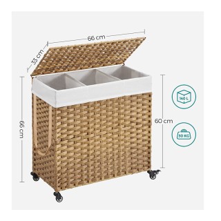 Τροχήλατο Πτυσσόμενο Καλάθι Απλύτων από Ρατάν με 3 Χώρους 66 x 35 x...