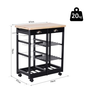 Ξύλινο Τρόλεϊ Κουζίνας με 4 Ράφια και 2 Συρτάρια 74 x 37 x 76 cm Χρ...