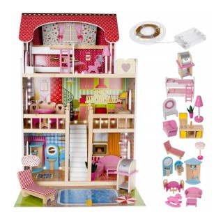 Ξύλινο Κουκλόσπιτο με LED Φωτισμό Πισίνα και Αξεσουάρ 58 x 59 x 90 ...