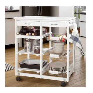 Ξύλινο Τρόλεϊ Κουζίνας με 2 Συρτάρια 3 Ράφια και 3 Καλάθια 67 x 37 ...