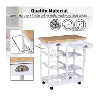 Ξύλινο Τρόλεϊ Κουζίνας με 4 Ράφια και 2 Συρτάρια 74 x 37 x 76 cm HO...