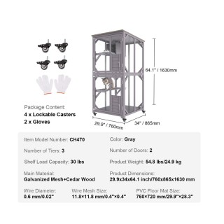 Ξύλινο Τροχήλατο Κλουβί - Σπίτι Γάτας 3 Επιπέδων 760 x 865 x 1630 m...