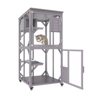 Ξύλινο Τροχήλατο Κλουβί - Σπίτι Γάτας 3 Επιπέδων 760 x 865 x 1630 m...