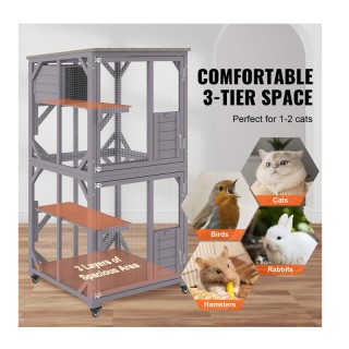 Ξύλινο Τροχήλατο Κλουβί - Σπίτι Γάτας 3 Επιπέδων 760 x 865 x 1630 m...